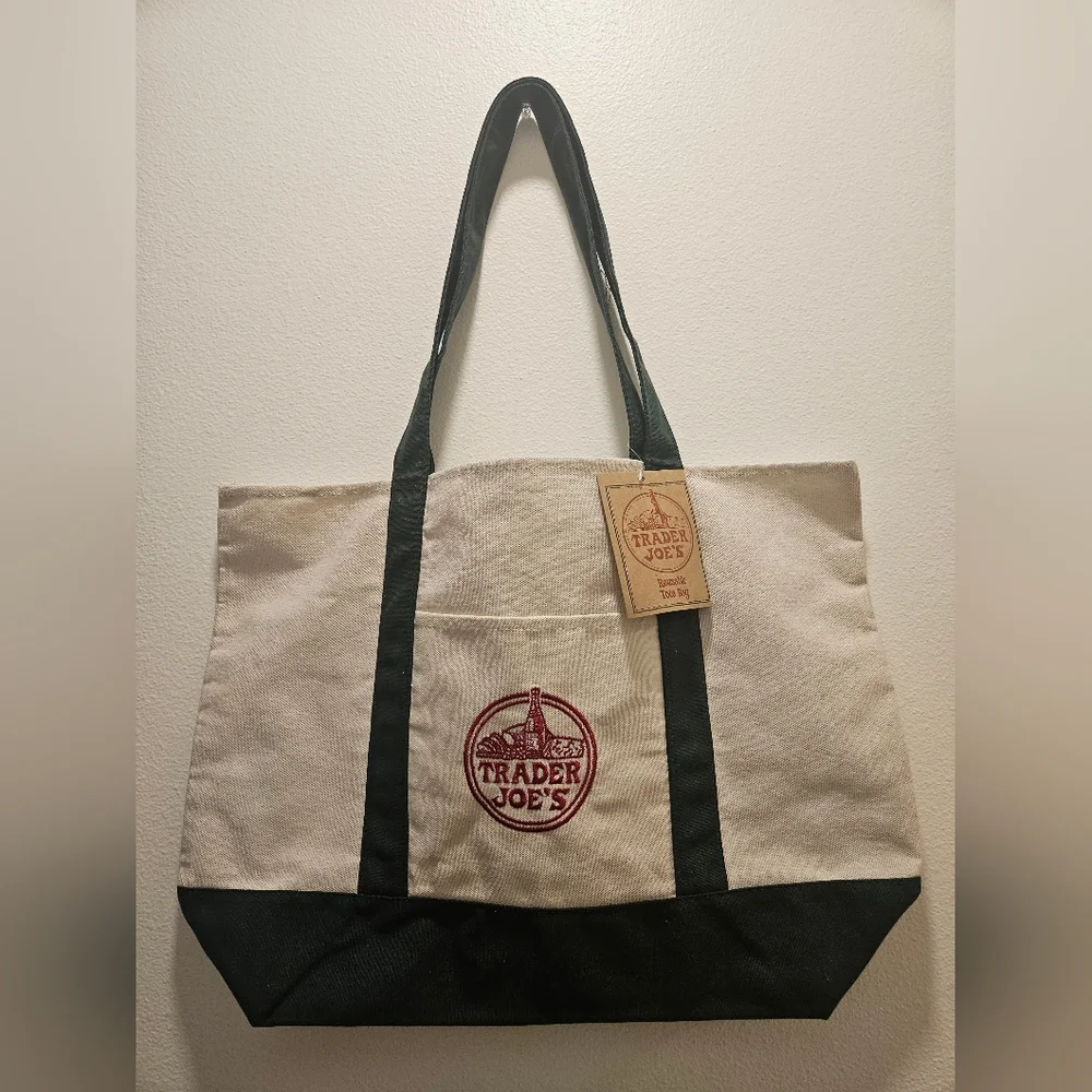 Trader Joe’s Green Holiday canvas large tote bag Limited Edition